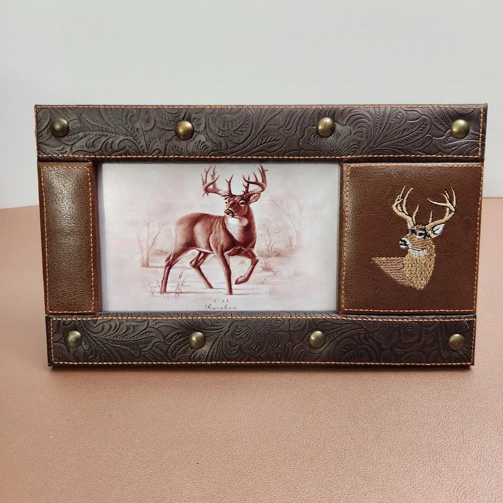 Rustic Brown Faux-Leather Decorative Picture Frame Embroidered Buck 4x6 Photo